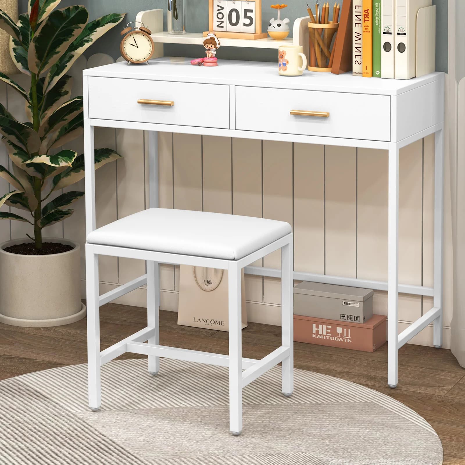 Tabouret de coiffeuse rembourré blanc, siège confortable