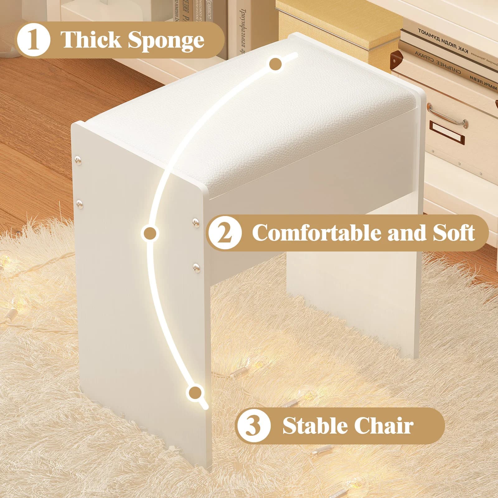 Banc de coiffeuse rembourré, forme chaise de piano
