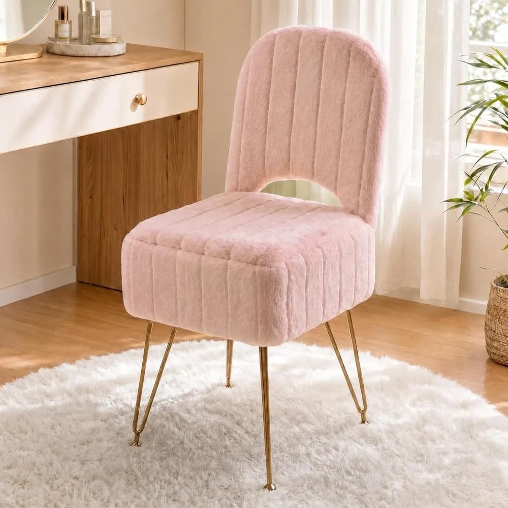 Tabouret de toilette avec dossier et rangement caché, fausse fourrure